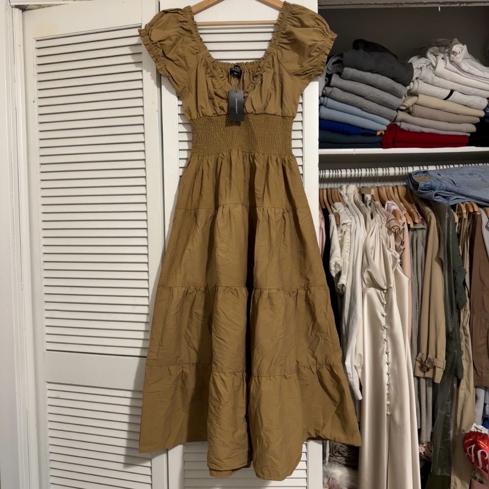 Danielle Bernstein Puff Sleeve Empire Waist Midi Dress | Camel | XL | NWT